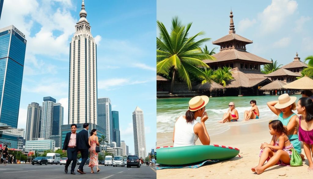 Split image showing Jakarta business district and Bali beach scene, contrasting jakarta dating culture with Bali