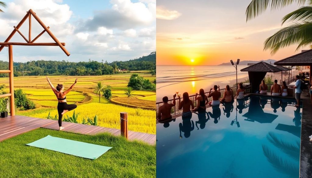 Split image showing Ubud yoga retreat and Seminyak beach club, comparing different cost of dating in Bali regions