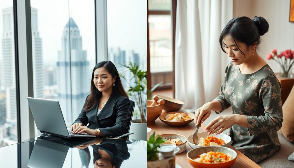 Split image showing professional Vietnamese businesswoman and traditional homemaker in Ho Chi Minh City