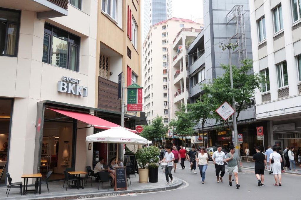 Street view of BKK1 area in Phnom Penh with cafés and shops