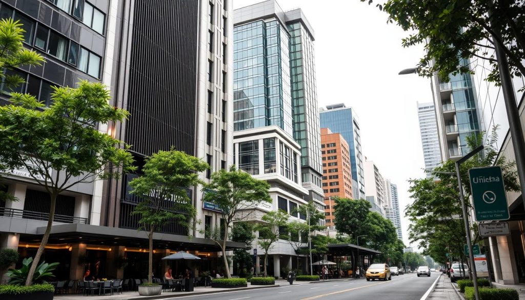 Street view of Kuningan area showing mid-range hotels suitable for best hotels jakarta dating