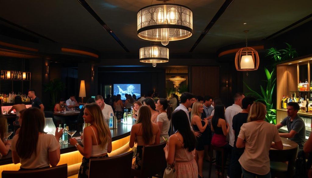 Stylish bar in Seminyak with young people socializing in the evening, ideal for meeting younger women in Bali