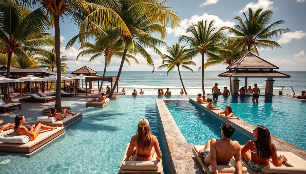 Stylish beach club in Bali with swimming pool and ocean views, popular for meeting younger women