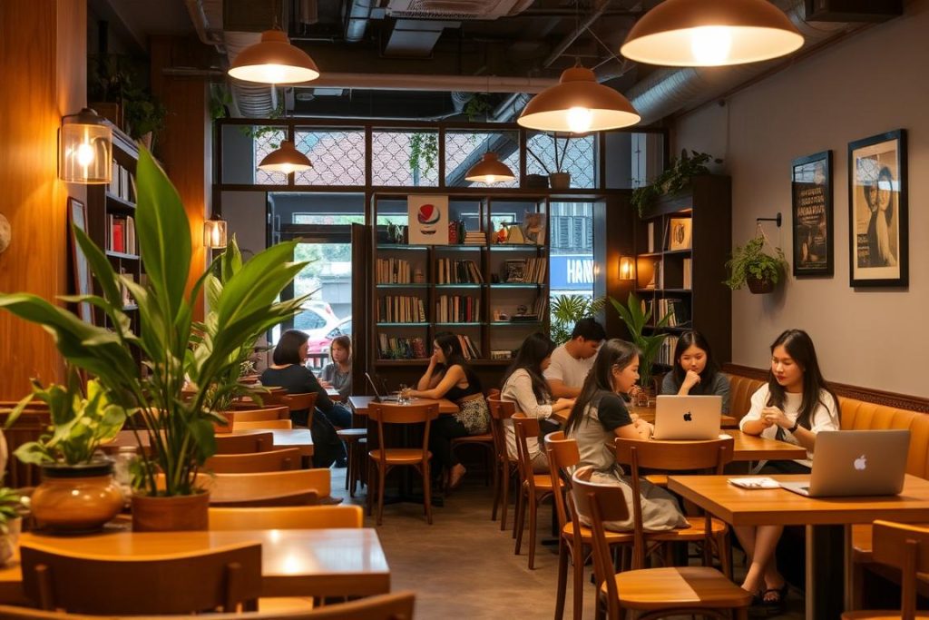 Stylish interior of The Hanoi Social Club cafe with young Vietnamese women working on laptops