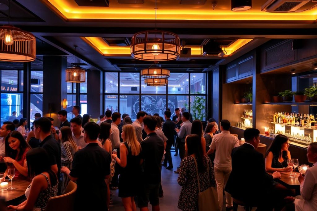 Stylish lounge bar in Thonglor area of Bangkok with young patrons Stylish lounge bar in Thonglor area of Bangkok with young patrons