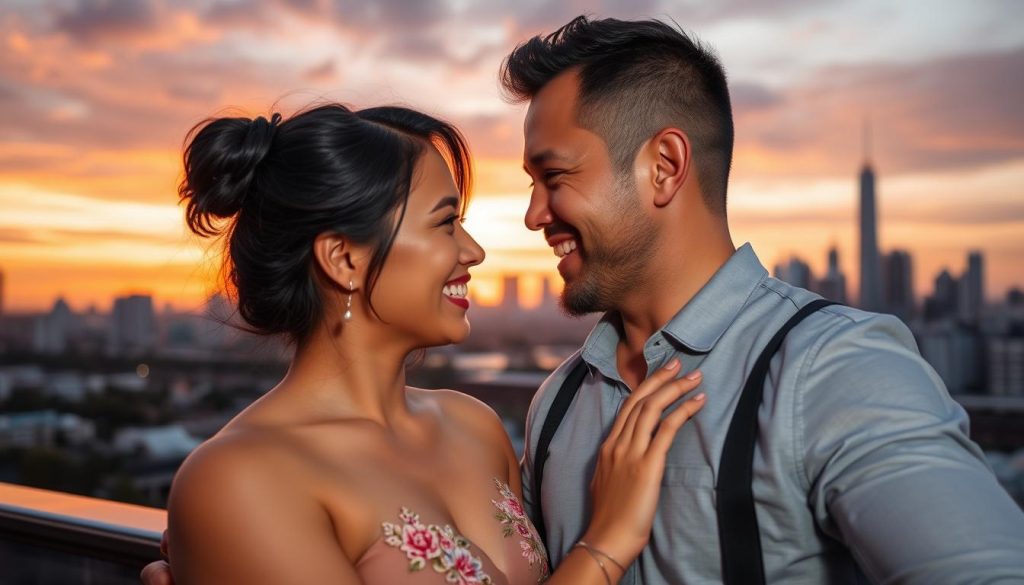 Successful cross-cultural couple enjoying Jakarta skyline view