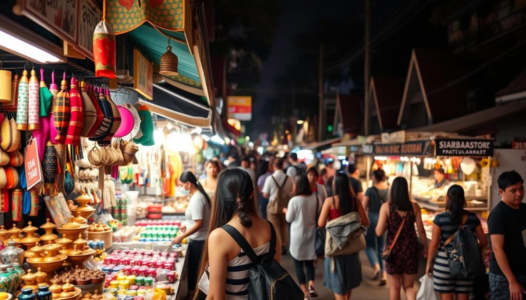 Sunday Walking Street market in Chiang Mai with young women shopping at night