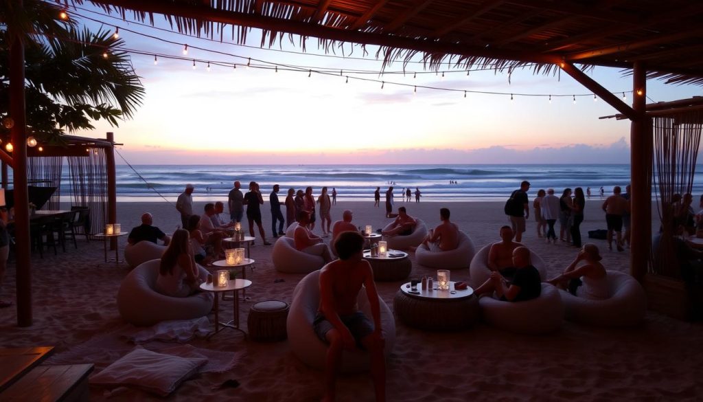 Sunset at a Canggu beach lounge with mixed crowd of tourists and expats