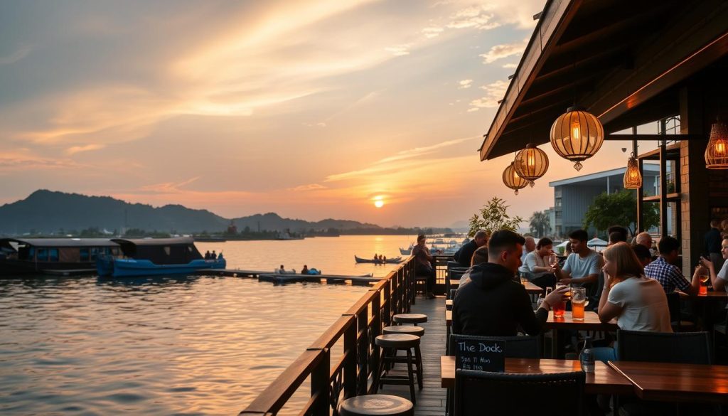Sunset view at The Dock bar on West Lake with couples enjoying drinks