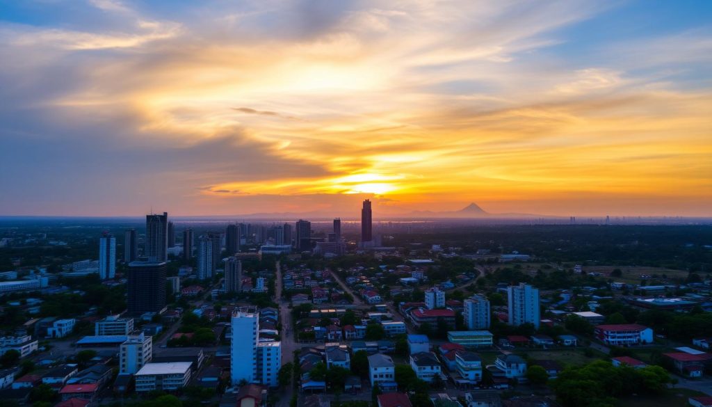 Sunset view of Angeles City skyline with Mt. Arayat in background