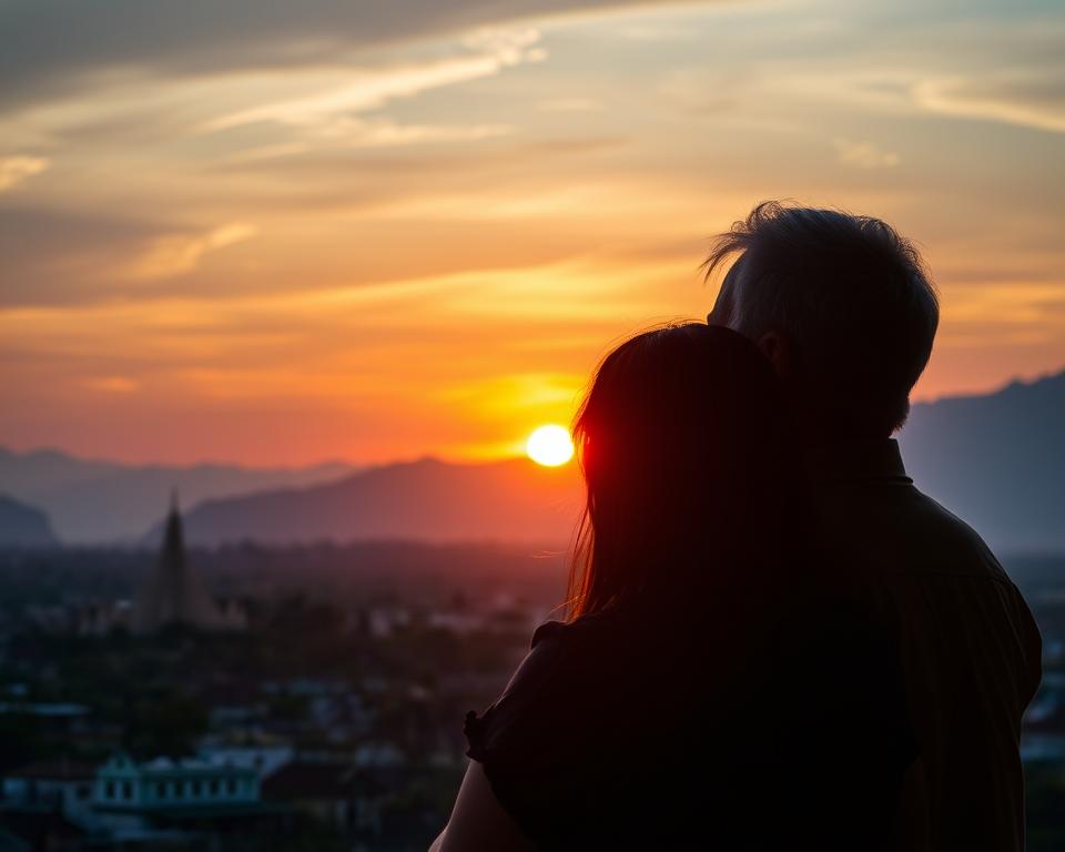 Sunset view of Chiang Mai with couple silhouette