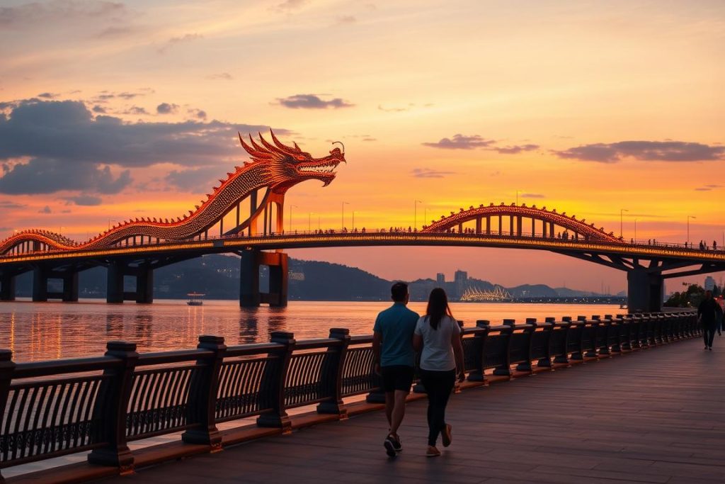 Sunset view of Da Nang's Dragon Bridge with couples walking nearby, symbolizing the romantic aspects of da nang dating culture Sunset view of Da Nang's Dragon Bridge with couples walking nearby, symbolizing the romantic aspects of da nang dating culture