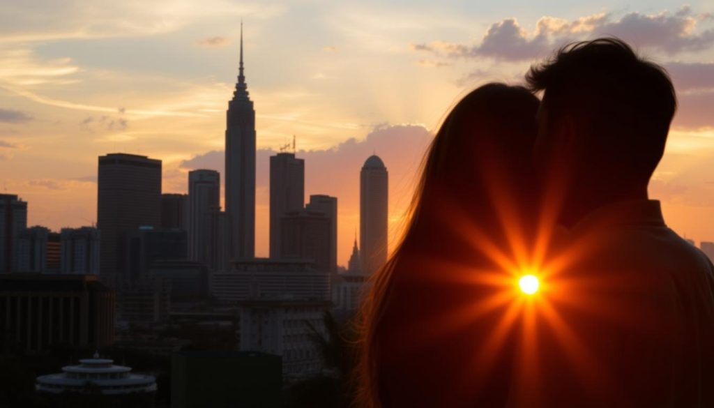Sunset view of Jakarta skyline with couple silhouette, symbolizing romance in jakarta dating culture