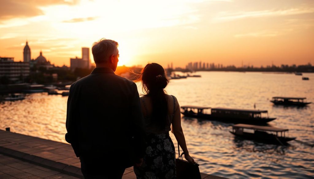 Sunset view of Phnom Penh riverside with couple