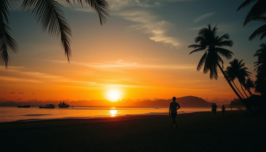 Sunset view of Phuket beach with couples walking, representing successful connections made on the island