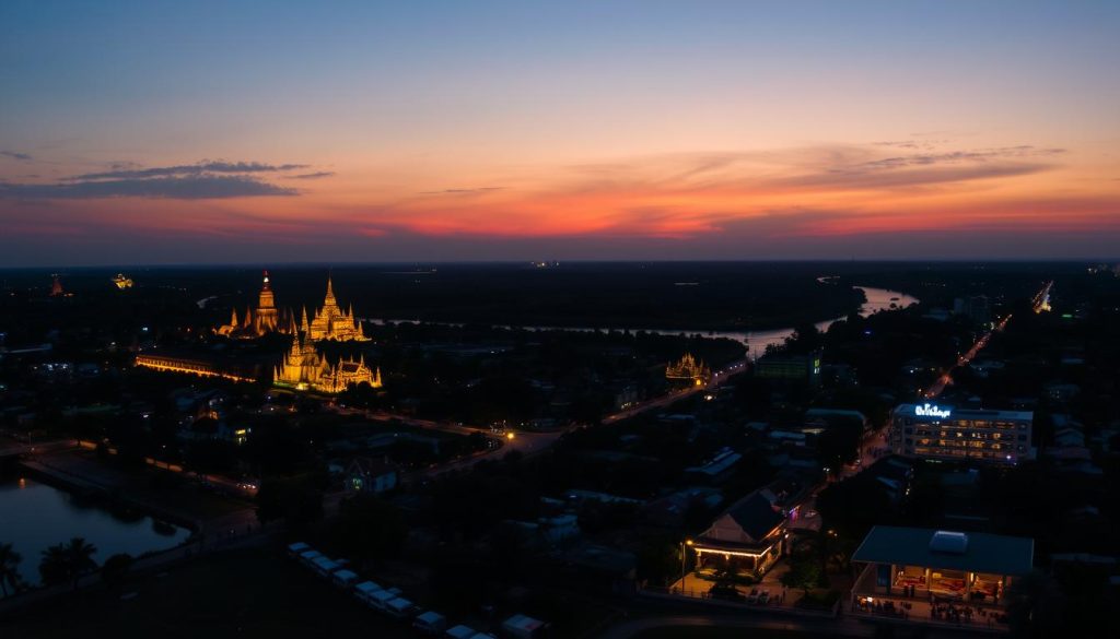 Sunset view of Siem Reap with nightlife venues beginning to light up