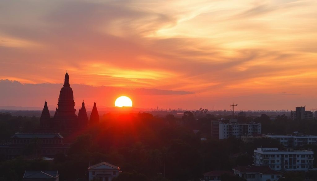 Sunset view of Siem Reap with temples and modern buildings, symbolizing the blend of tradition and modernity in Siem Reap dating culture