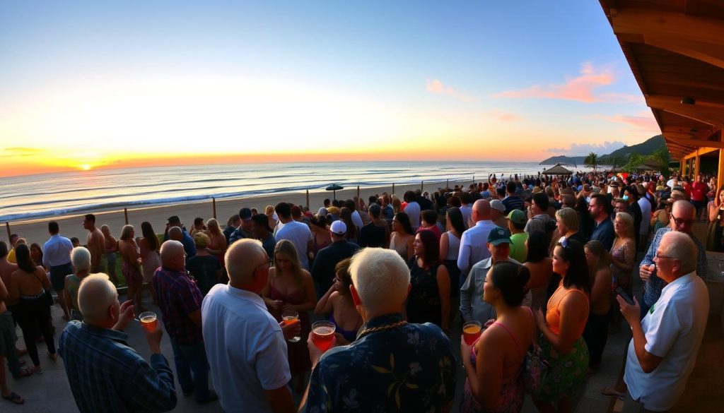 Sunset view of a Bali beach club with diverse crowd enjoying the evening atmosphere