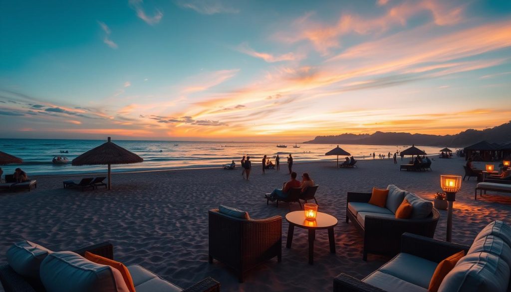 Sunset view of a Southeast Asian beach with comfortable seating areas and relaxed atmosphere