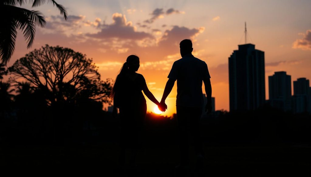 Sunset view of a couple walking along a park in Angeles City