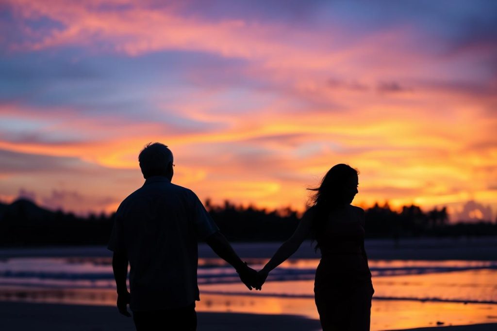 Sunset view of a couple walking on the beach in Phuket, symbolizing the journey of cross-cultural relationships in Phuket dating culture