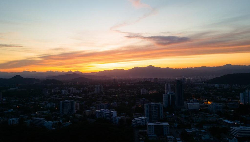 Sunset view over Angeles City skyline with mountains in background