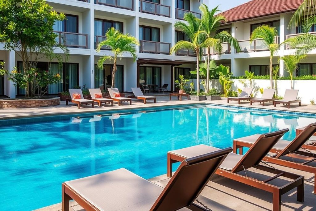 Swimming pool at Favehotel Seminyak with private seating areas for best hotels bali dating