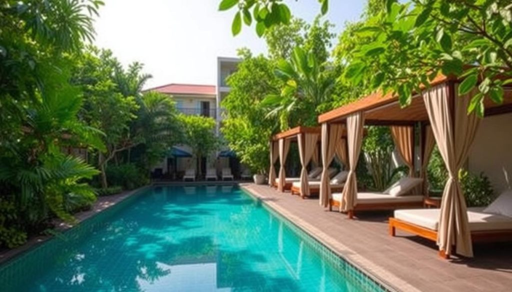 The 252 Hotel swimming pool and garden area in Phnom Penh