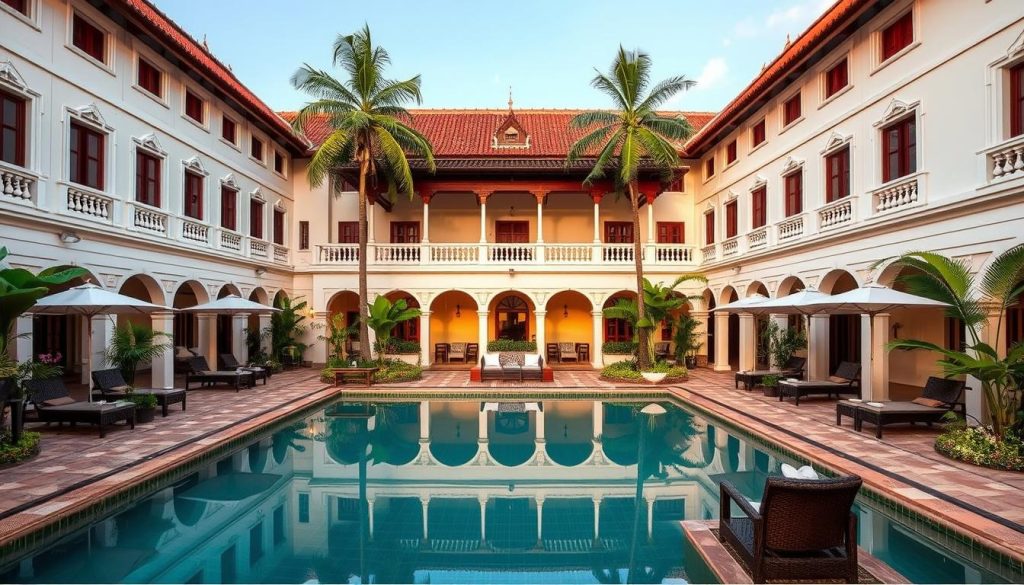 The Pavilion hotel pool and garden area in Phnom Penh