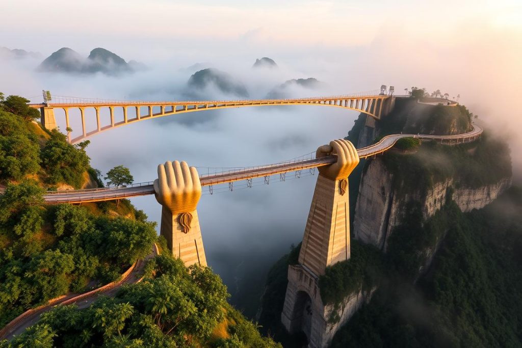 The famous Golden Bridge at Ba Na Hills with giant stone hands - unique things to do in Vietnam