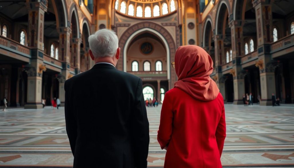 The impressive interior of Istiqlal Mosque in Jakarta with a couple admiring the architecture