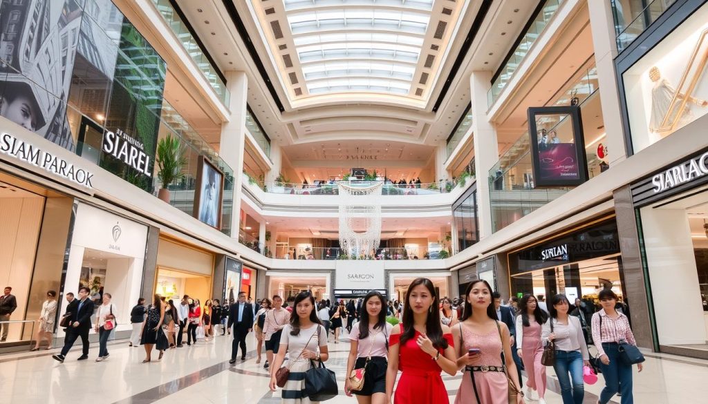 The modern interior of Siam Paragon mall in Bangkok with shoppers The modern interior of Siam Paragon mall in Bangkok with shoppers