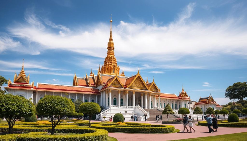 The stunning golden spires of Phnom Penh's Royal Palace against blue sky - things to do Phnom Penh