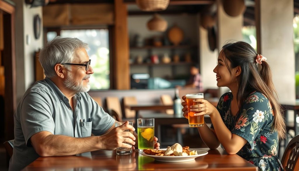 Tourist and local enjoying a conversation at a Bali café, representing meeting younger women during vacation