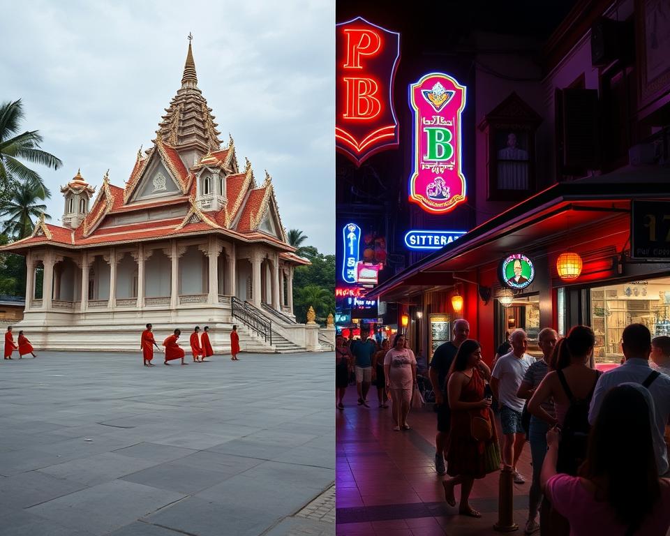 Traditional Buddhist temple in Siem Reap contrasted with modern nightlife, representing the clash in dating cultures