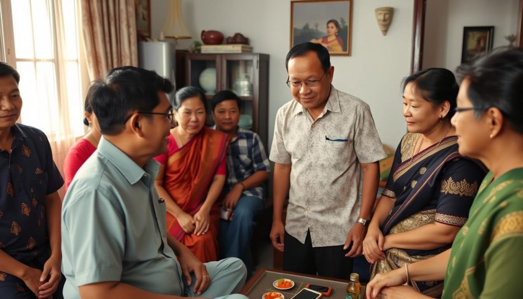 Traditional Cambodian family gathering with foreigners