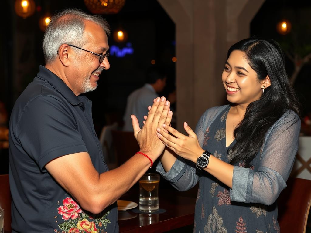 Traditional Cambodian greeting during nightlife dating interaction