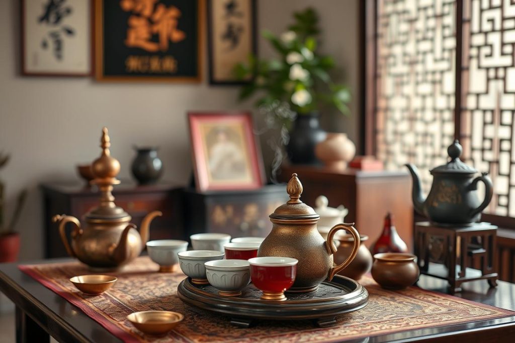 Traditional Vietnamese tea ceremony with antique tea set and elegant setting - authentic things to do in Vietnam