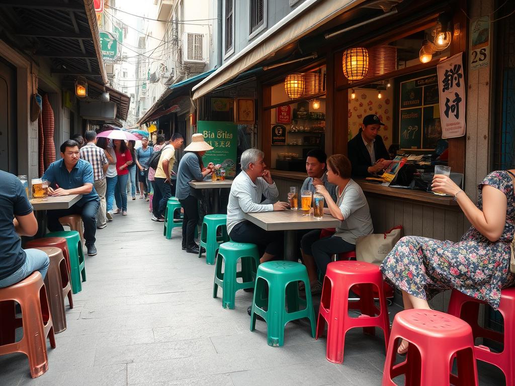 Traditional bia hoi corner in Hanoi with locals and tourists sharing tables