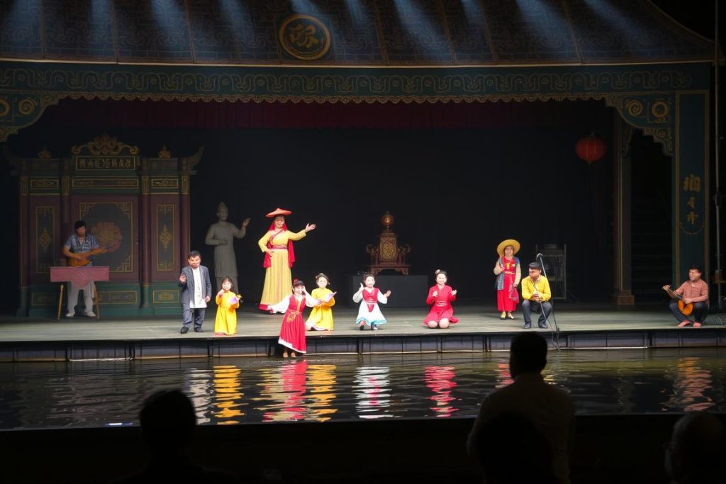 Traditional water puppet show performance in Hanoi with ornate stage and colorful puppets - unique things to do in Vietnam