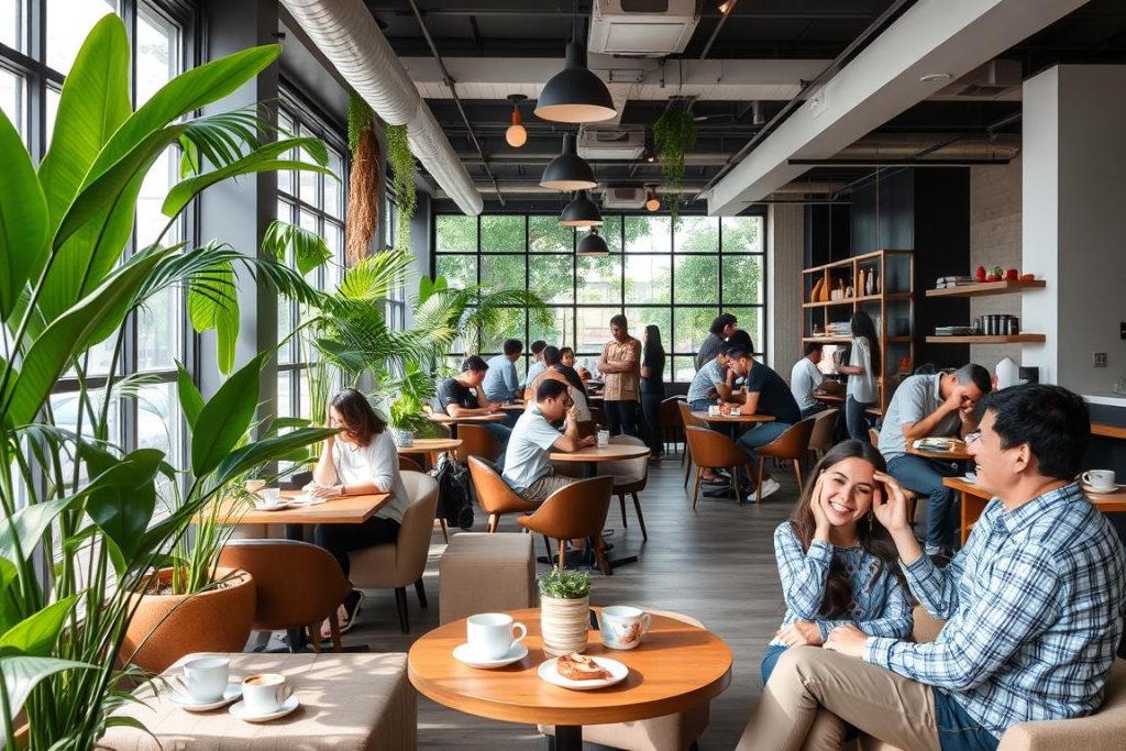 Trendy café in Phnom Penh with couples enjoying coffee
