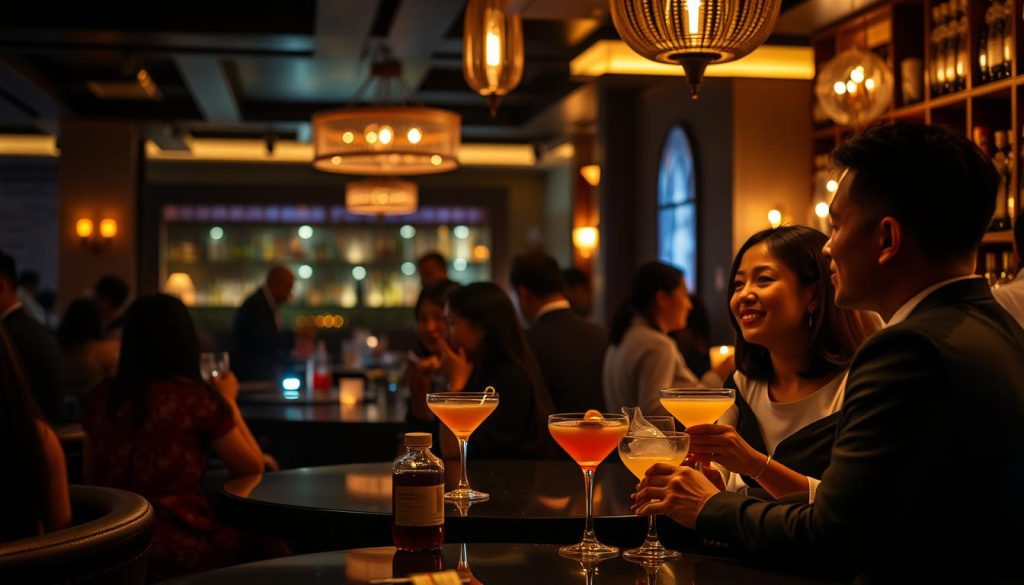 Upscale bar near Bui Vien Street with elegant couples enjoying cocktails