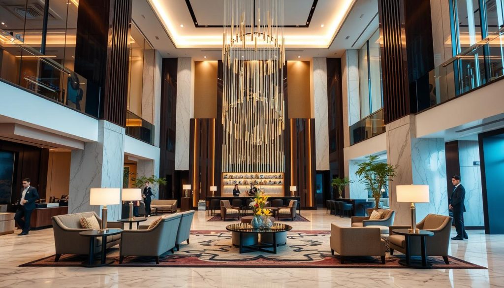 Upscale hotel lobby in Makati, Manila near prime dating locations