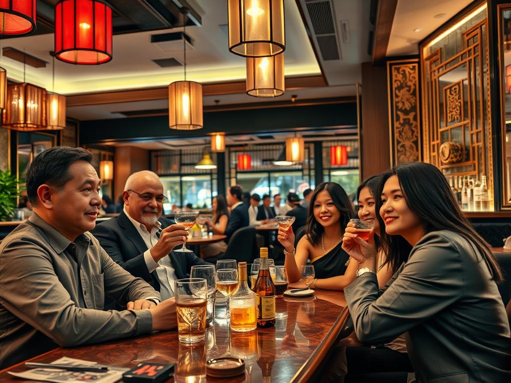 Upscale restaurant bar area in Phnom Penh with elegant decor and well-dressed patrons