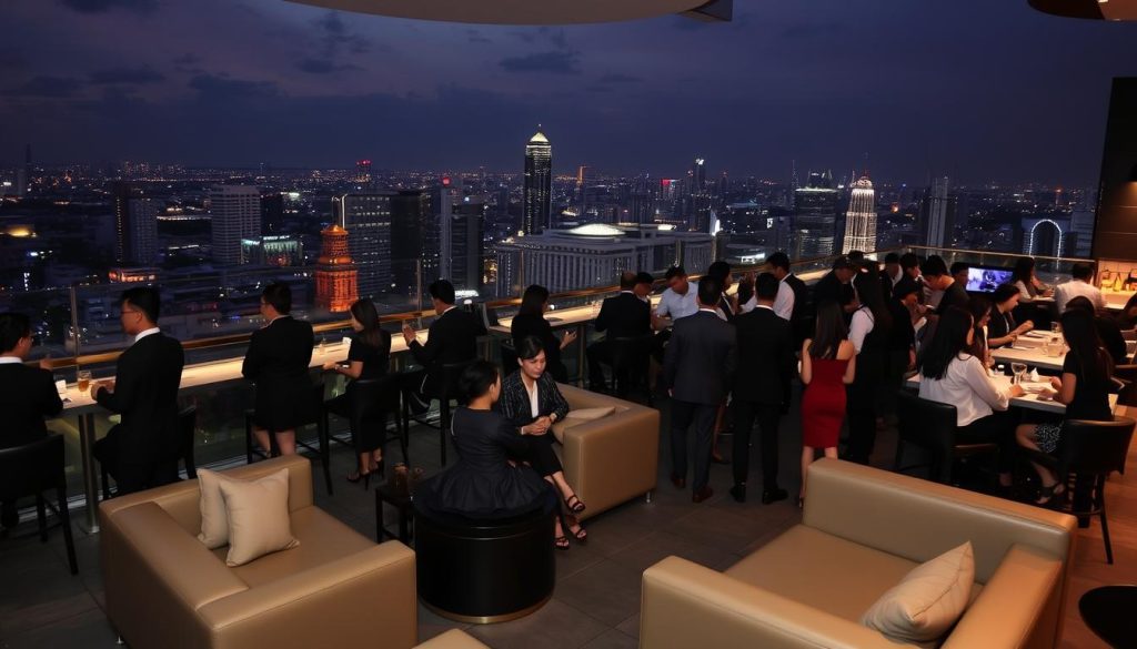 Upscale rooftop bar in Jakarta with mixed Indonesian and Western clientele, showing an elite social venue in jakarta dating culture