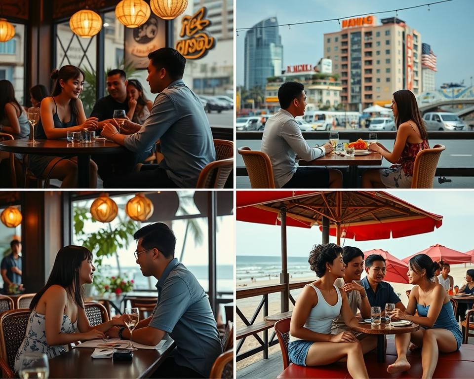 Various social settings in Da Nang where dating occurs, from university campuses to tourist areas, representing different aspects of da nang dating culture Various social settings in Da Nang where dating occurs, from university campuses to tourist areas, representing different aspects of da nang dating culture