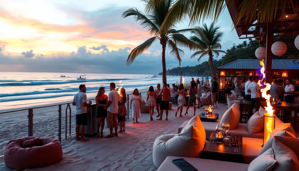 Vibrant beach club in Kuta with sunset DJ party and couples enjoying drinks, representing nightlife cost of dating in Bali