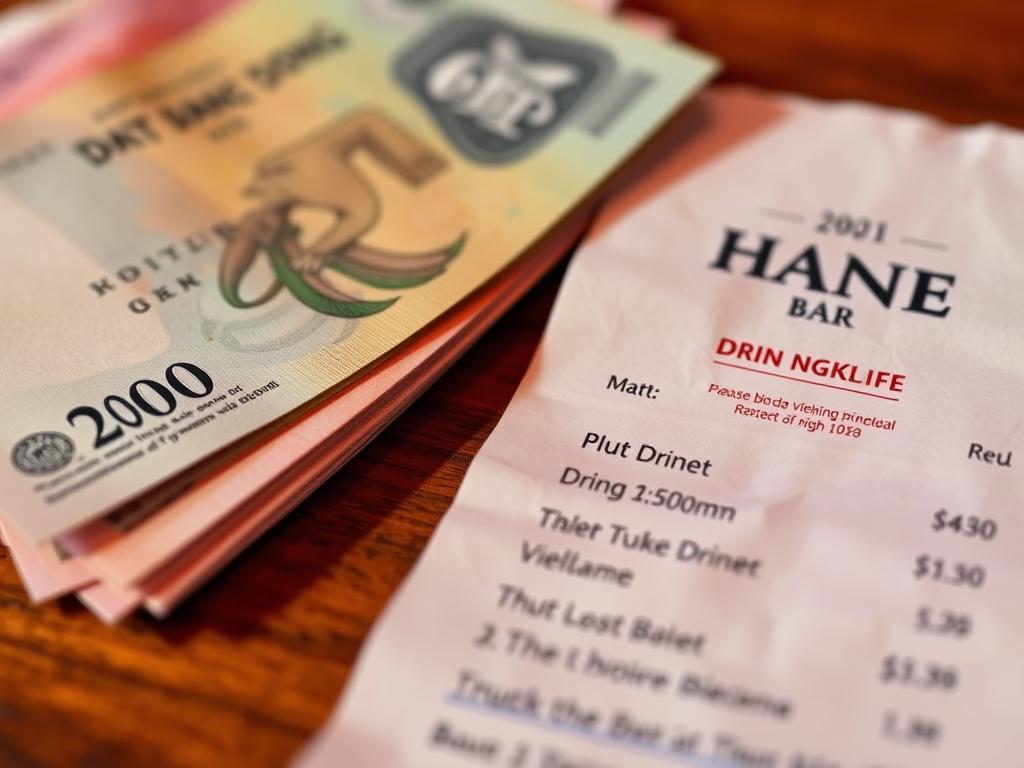 Vietnamese Dong currency and receipt from Hanoi bar showing prices