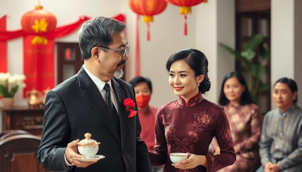 Vietnamese-Western couple at traditional engagement ceremony, showing formal aspects of Vietnamese dating culture