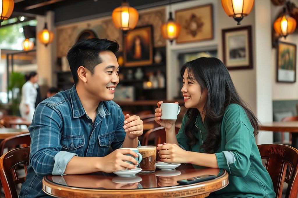 Vietnamese couple enjoying coffee at a traditional cafe in Ho Chi Minh City